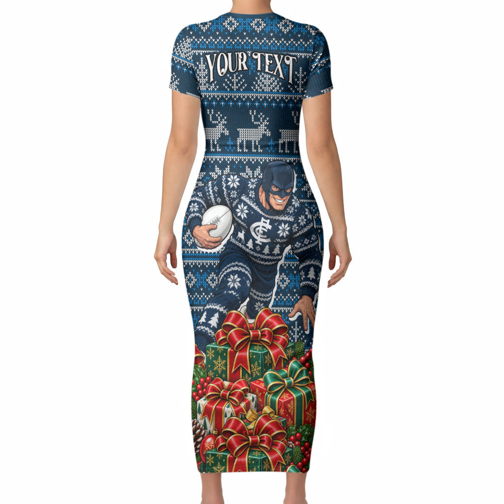 Personalized Carlton Blues Football Christmas Short Sleeve Bodycon Dress Australian Football Mascot - Ugly Xmas Pattern Festive