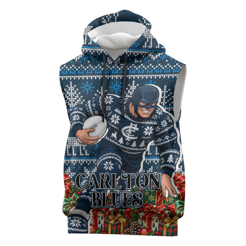 Personalized Carlton Blues Football Christmas Sleeveless Hoodie Australian Football Mascot - Ugly Xmas Pattern Festive