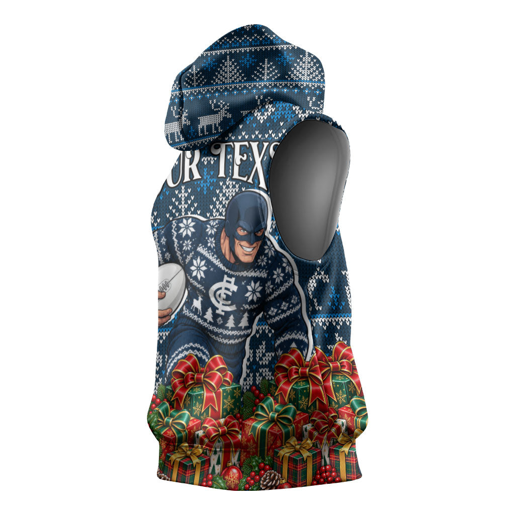Personalized Carlton Blues Football Christmas Sleeveless Hoodie Australian Football Mascot - Ugly Xmas Pattern Festive