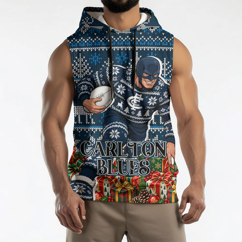 Personalized Carlton Blues Football Christmas Sleeveless Hoodie Australian Football Mascot - Ugly Xmas Pattern Festive