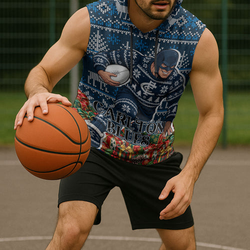 Personalized Carlton Blues Football Christmas Sleeveless Hoodie Australian Football Mascot - Ugly Xmas Pattern Festive