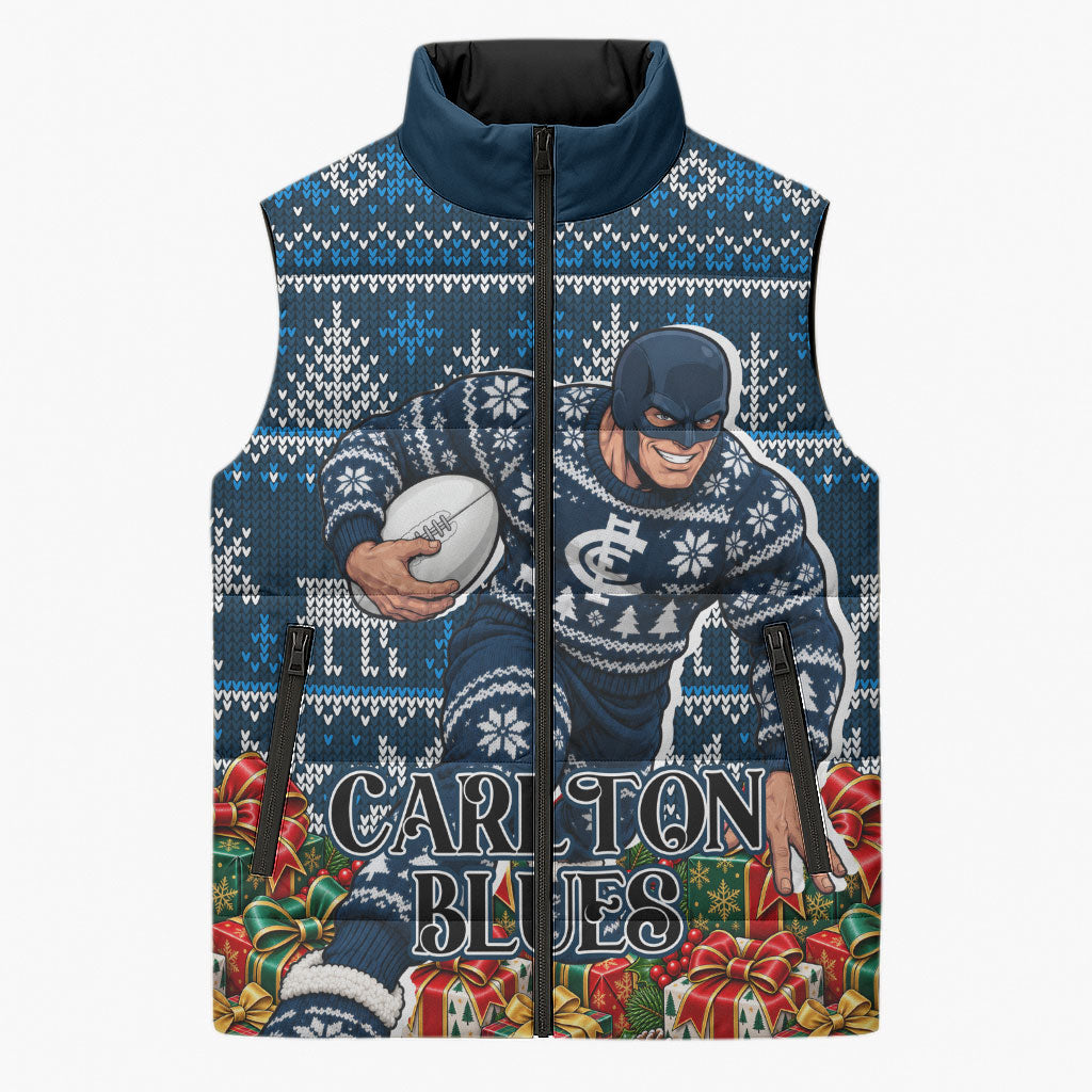 Personalized Carlton Blues Football Christmas Sleeveless Puffer Jacket Australian Football Mascot - Ugly Xmas Pattern Festive
