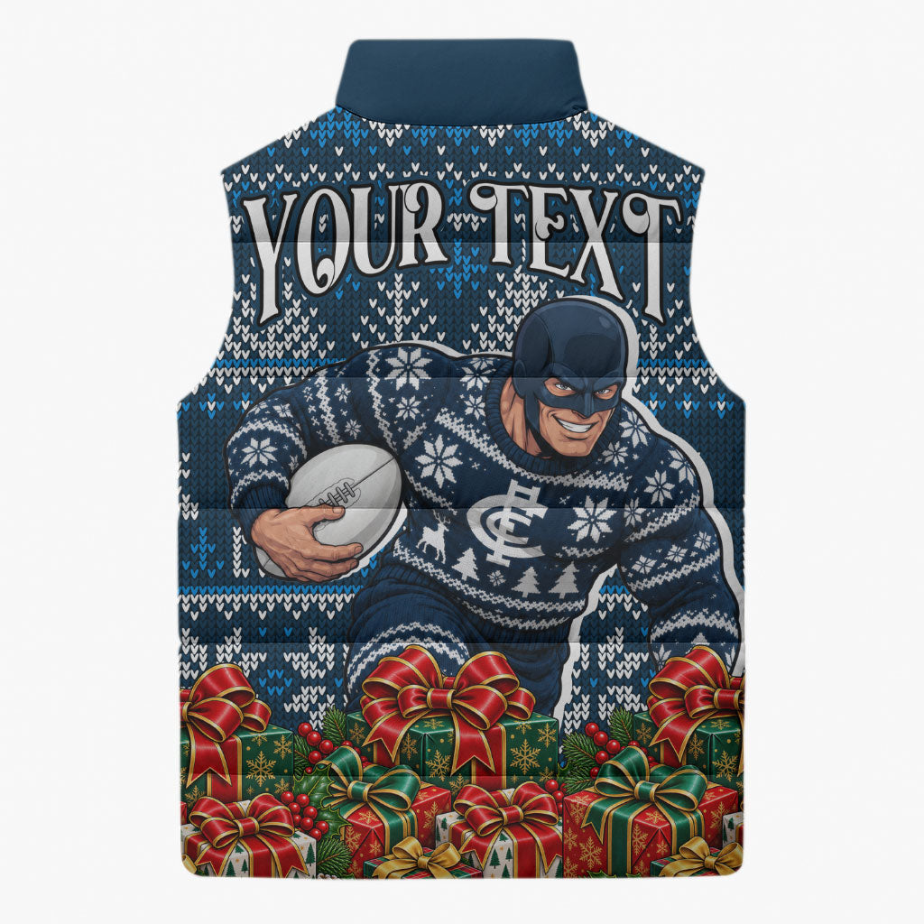 Personalized Carlton Blues Football Christmas Sleeveless Puffer Jacket Australian Football Mascot - Ugly Xmas Pattern Festive