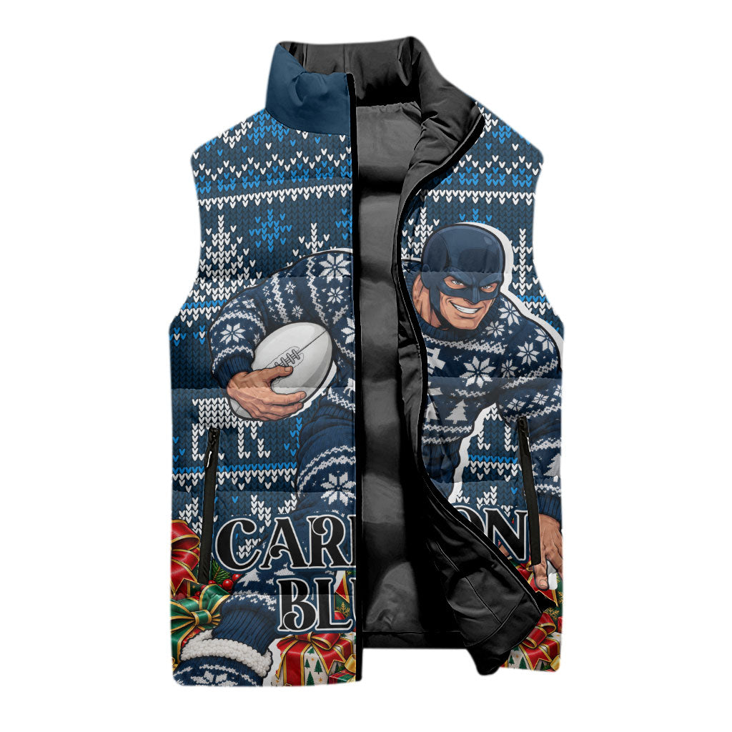 Personalized Carlton Blues Football Christmas Sleeveless Puffer Jacket Australian Football Mascot - Ugly Xmas Pattern Festive
