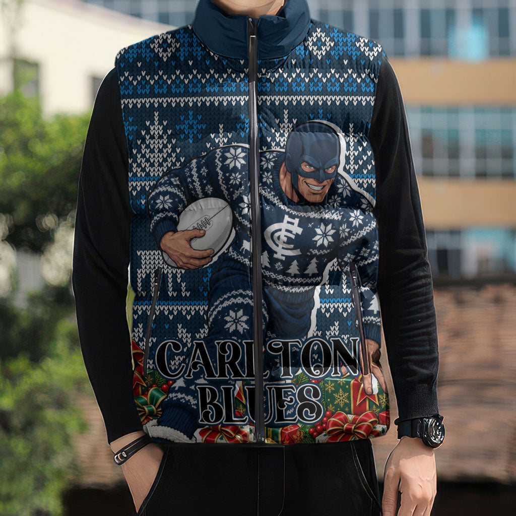 Personalized Carlton Blues Football Christmas Sleeveless Puffer Jacket Australian Football Mascot - Ugly Xmas Pattern Festive