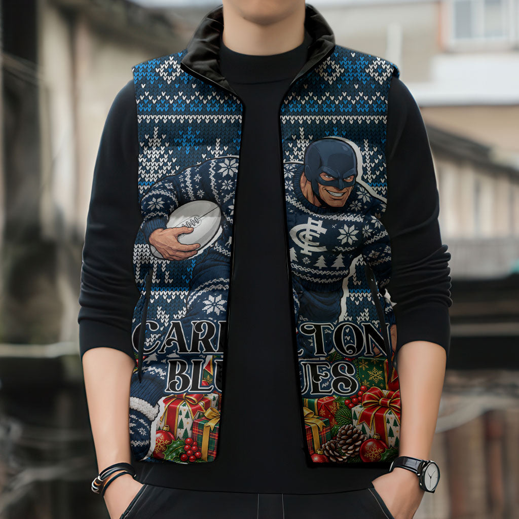 Personalized Carlton Blues Football Christmas Sleeveless Puffer Jacket Australian Football Mascot - Ugly Xmas Pattern Festive