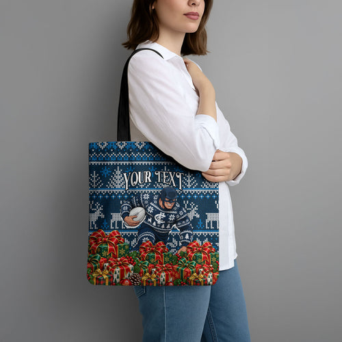 Personalized Carlton Blues Football Christmas Tote Bag Australian Football Mascot - Ugly Xmas Pattern Festive