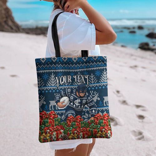 Personalized Carlton Blues Football Christmas Tote Bag Australian Football Mascot - Ugly Xmas Pattern Festive
