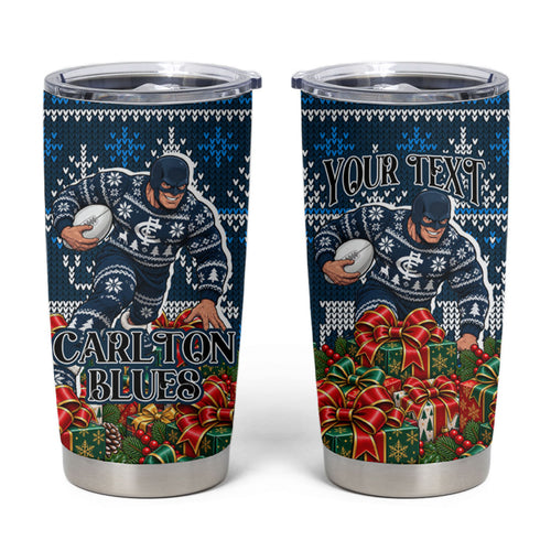 Personalized Carlton Blues Football Christmas Tumbler Cup Australian Football Mascot - Ugly Xmas Pattern Festive