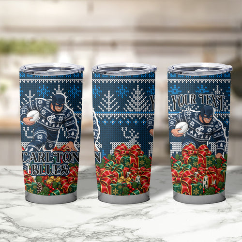 Personalized Carlton Blues Football Christmas Tumbler Cup Australian Football Mascot - Ugly Xmas Pattern Festive