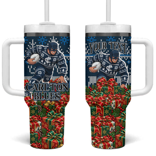 Personalized Carlton Blues Football Christmas Tumbler With Handle Australian Football Mascot - Ugly Xmas Pattern Festive
