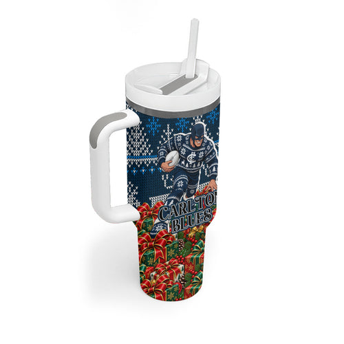 Personalized Carlton Blues Football Christmas Tumbler With Handle Australian Football Mascot - Ugly Xmas Pattern Festive