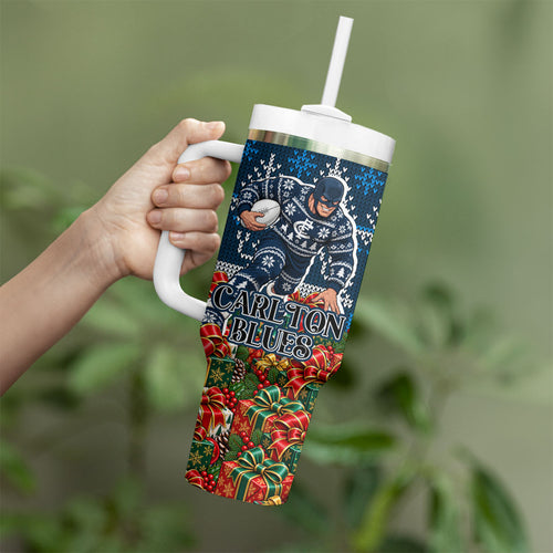 Personalized Carlton Blues Football Christmas Tumbler With Handle Australian Football Mascot - Ugly Xmas Pattern Festive
