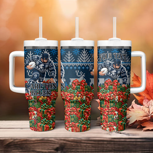 Personalized Carlton Blues Football Christmas Tumbler With Handle Australian Football Mascot - Ugly Xmas Pattern Festive