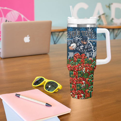 Personalized Carlton Blues Football Christmas Tumbler With Handle Australian Football Mascot - Ugly Xmas Pattern Festive