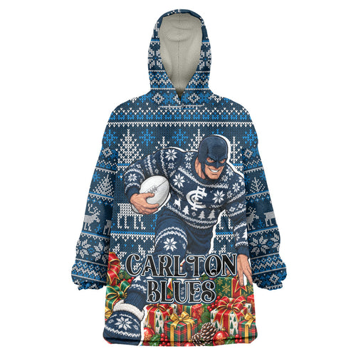 Personalized Carlton Blues Football Christmas Wearable Blanket Hoodie Australian Football Mascot - Ugly Xmas Pattern Festive