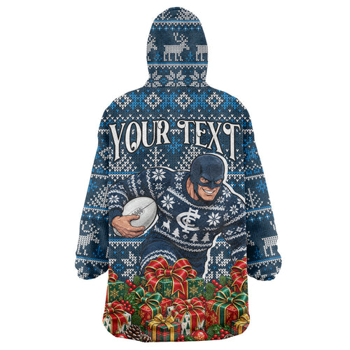 Personalized Carlton Blues Football Christmas Wearable Blanket Hoodie Australian Football Mascot - Ugly Xmas Pattern Festive