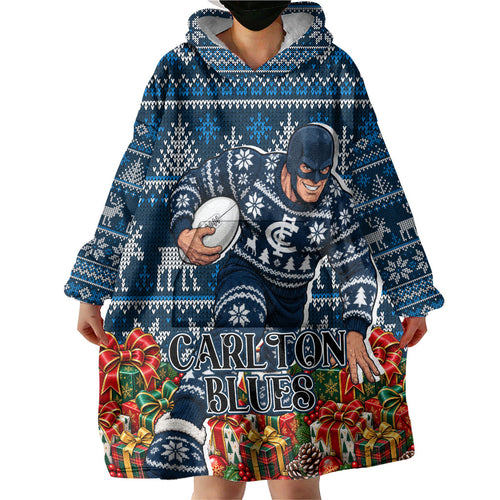 Personalized Carlton Blues Football Christmas Wearable Blanket Hoodie Australian Football Mascot - Ugly Xmas Pattern Festive