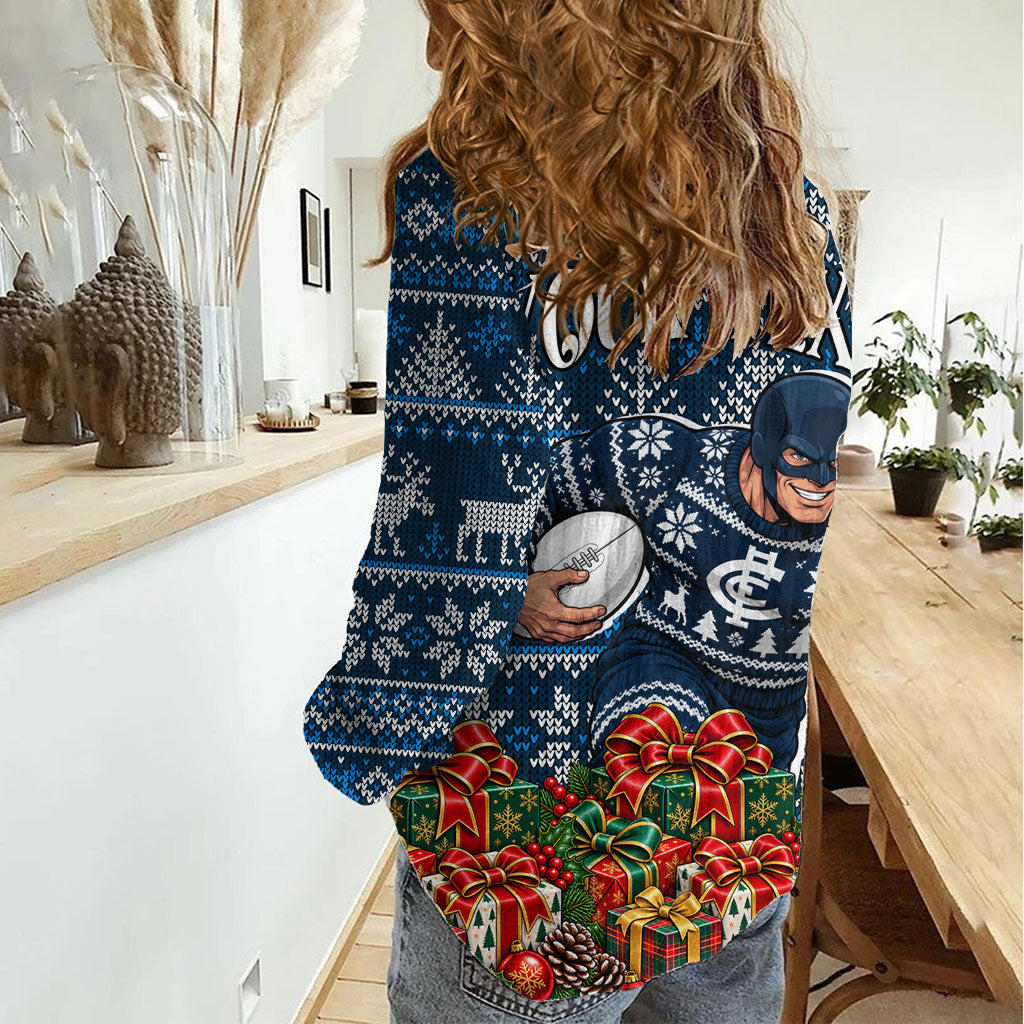 Personalized Carlton Blues Football Christmas Women Casual Shirt Australian Football Mascot - Ugly Xmas Pattern Festive