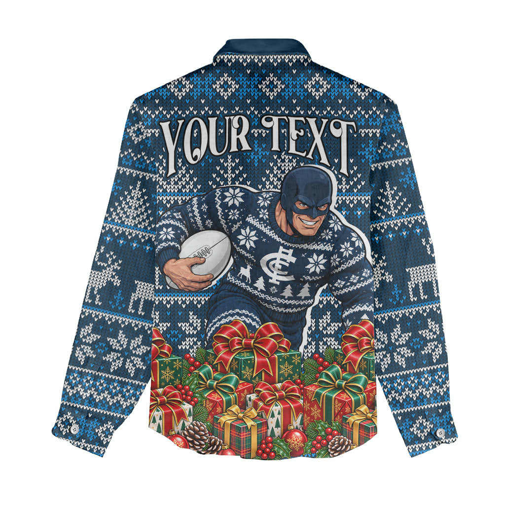 Personalized Carlton Blues Football Christmas Women Casual Shirt Australian Football Mascot - Ugly Xmas Pattern Festive
