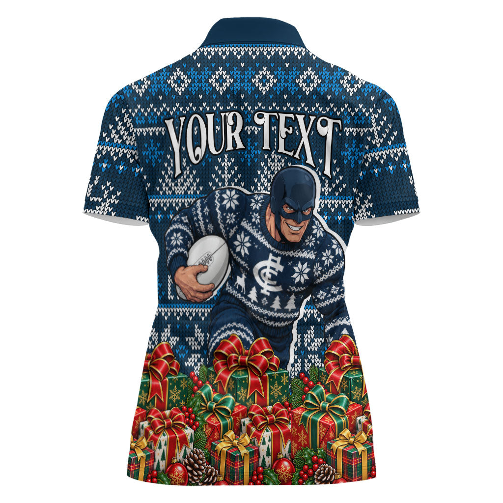 Personalized Carlton Blues Football Christmas Women Polo Shirt Australian Football Mascot - Ugly Xmas Pattern Festive