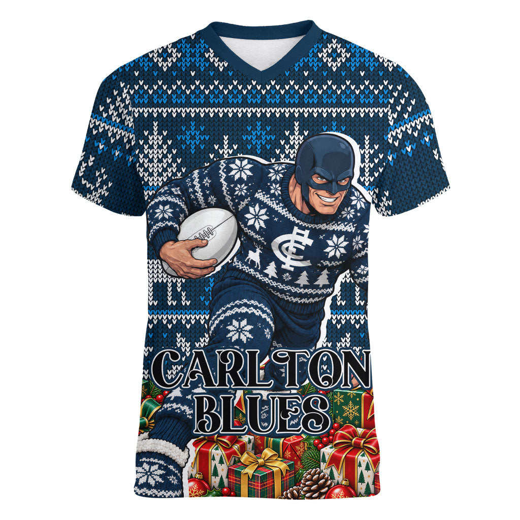 Personalized Carlton Blues Football Christmas Women V-Neck T-Shirt Australian Football Mascot - Ugly Xmas Pattern Festive