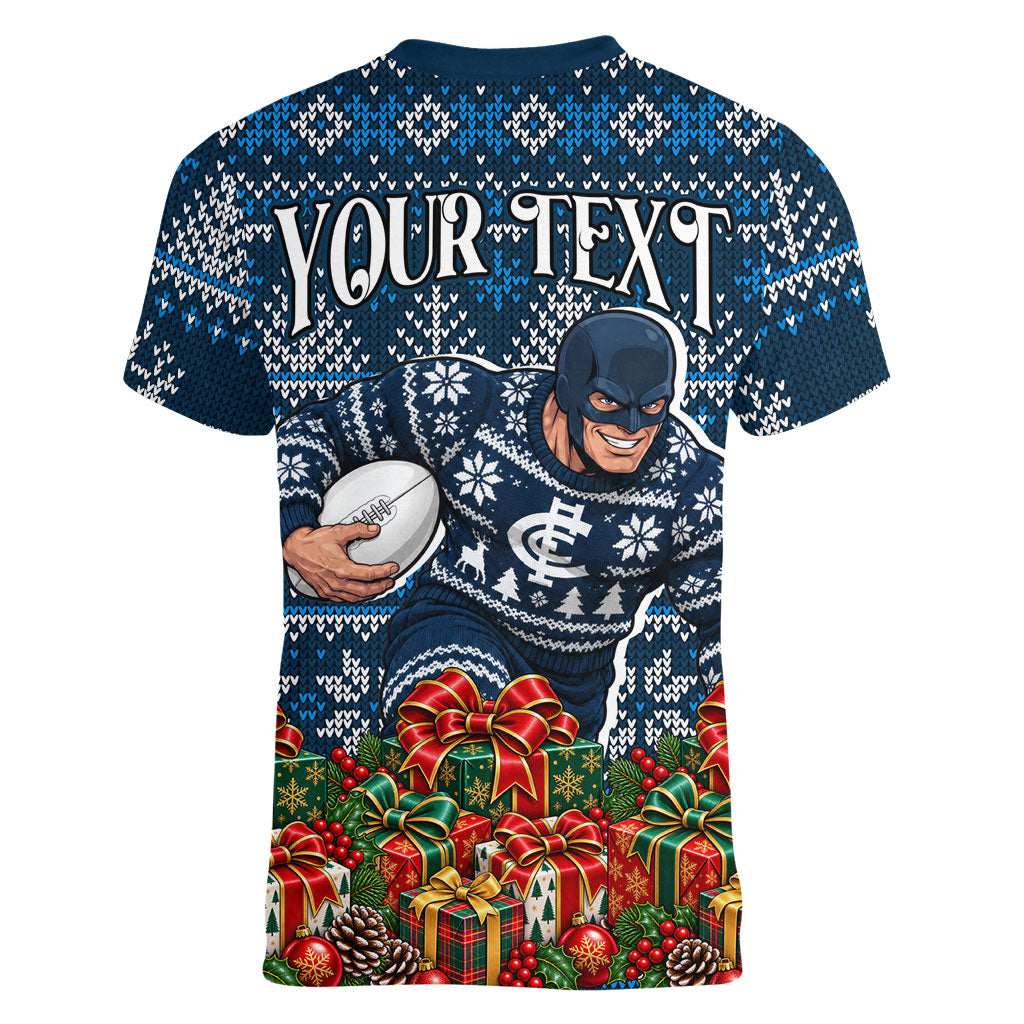 Personalized Carlton Blues Football Christmas Women V-Neck T-Shirt Australian Football Mascot - Ugly Xmas Pattern Festive