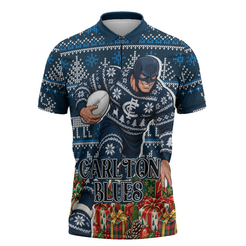 Personalized Carlton Blues Football Christmas Zipper Polo Shirt Australian Football Mascot - Ugly Xmas Pattern Festive