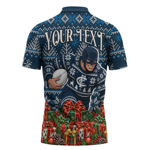 Personalized Carlton Blues Football Christmas Zipper Polo Shirt Australian Football Mascot - Ugly Xmas Pattern Festive