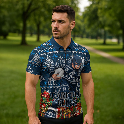 Personalized Carlton Blues Football Christmas Zipper Polo Shirt Australian Football Mascot - Ugly Xmas Pattern Festive