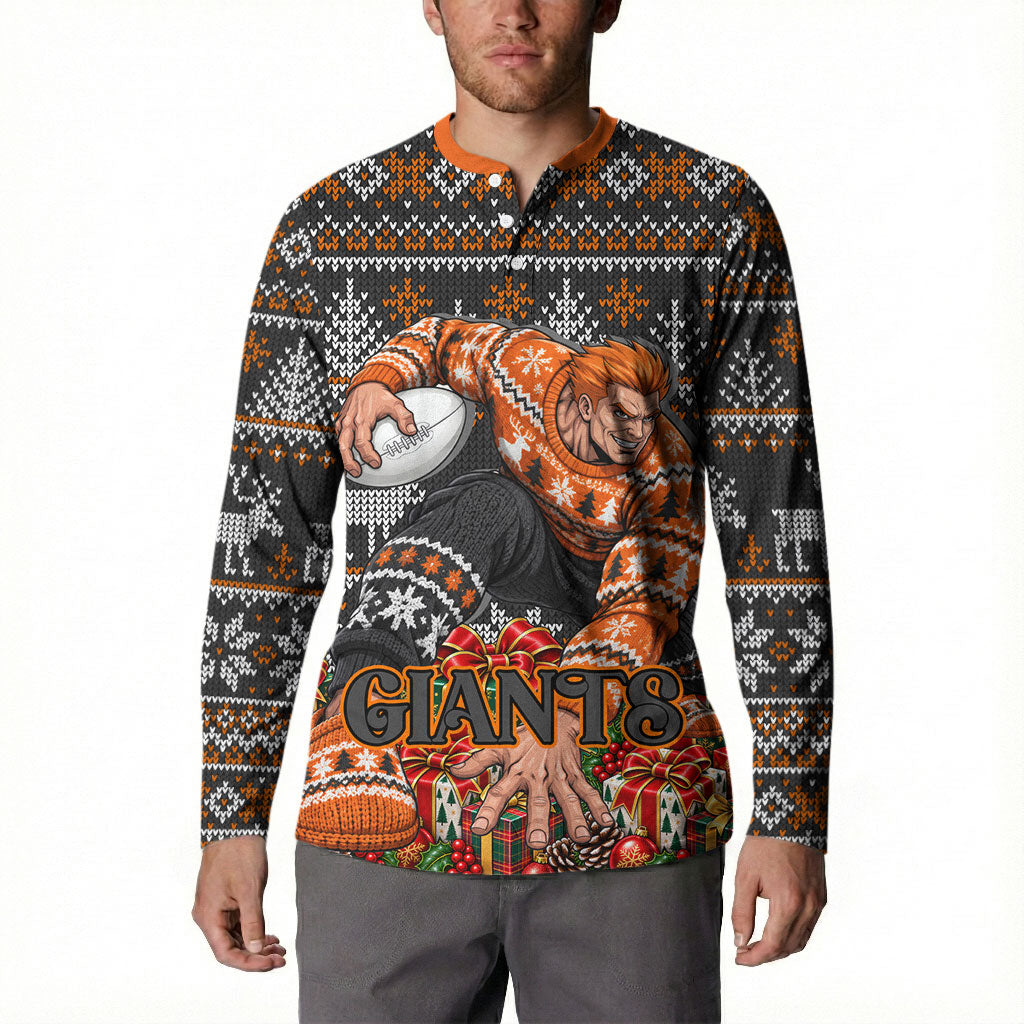 Personalized Giants Football Christmas Button Sweatshirt Australian Football Mascot - Ugly Xmas Pattern Festive