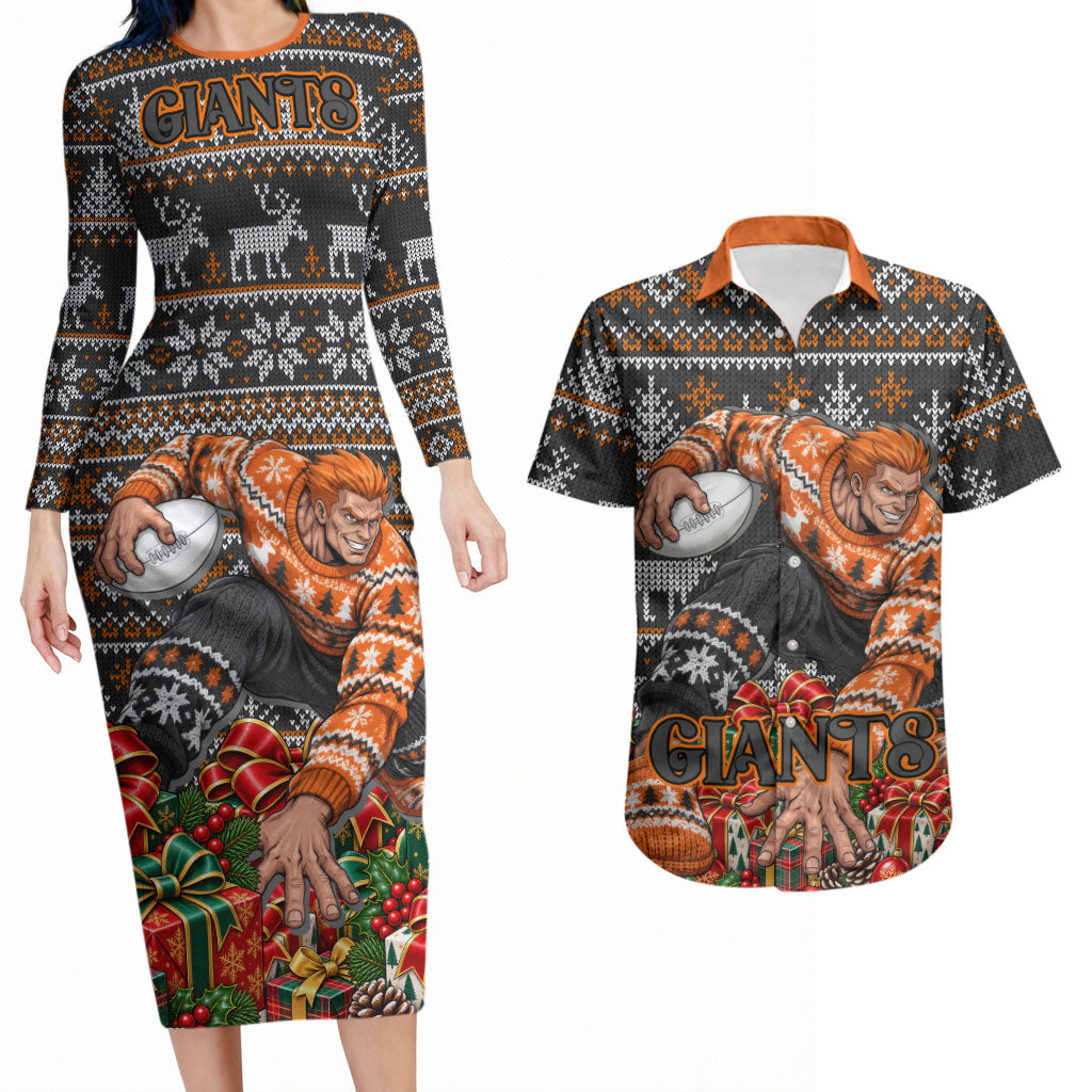 Personalized Giants Football Christmas Couples Matching Long Sleeve Bodycon Dress and Hawaiian Shirt Australian Football Mascot - Ugly Xmas Pattern Festive