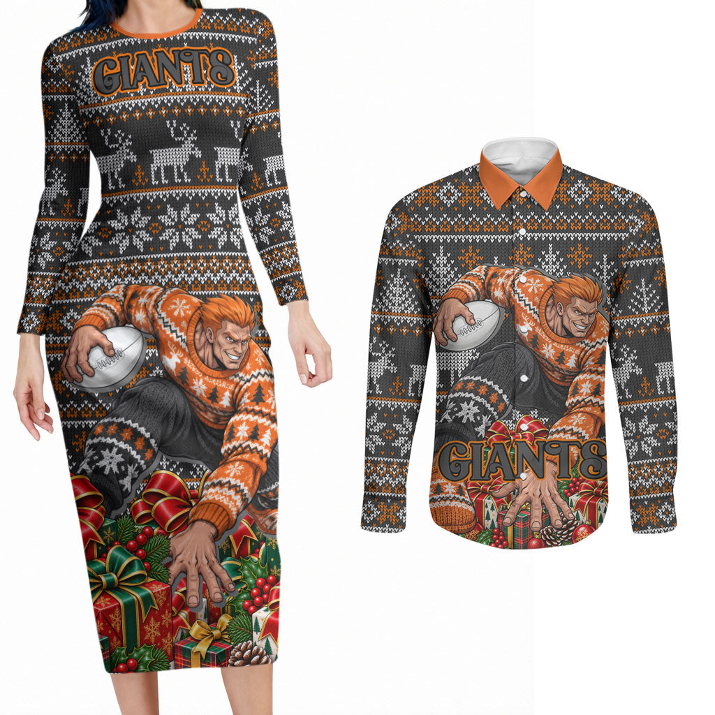 Personalized Giants Football Christmas Couples Matching Long Sleeve Bodycon Dress and Long Sleeve Button Shirt Australian Football Mascot - Ugly Xmas Pattern Festive