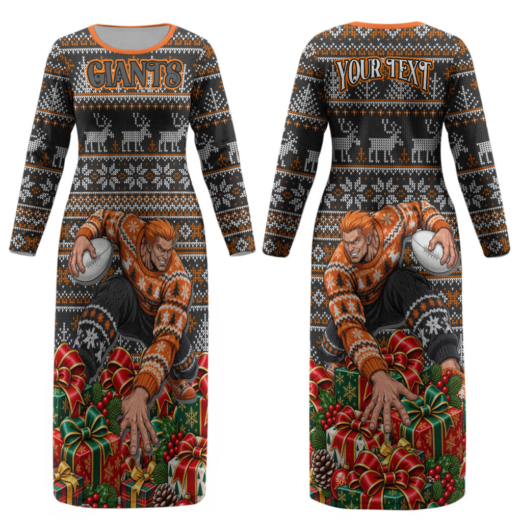 Personalized Giants Football Christmas Couples Matching Long Sleeve Bodycon Dress and Long Sleeve Button Shirt Australian Football Mascot - Ugly Xmas Pattern Festive