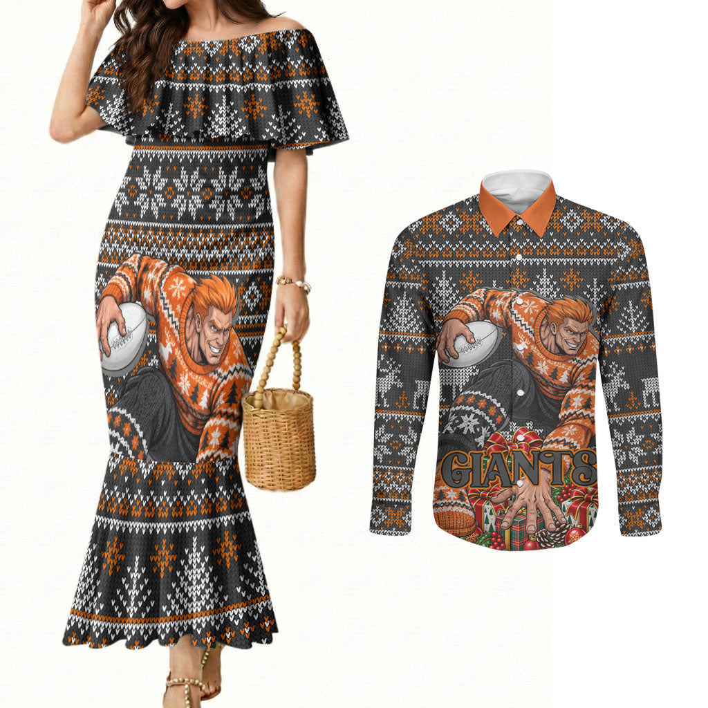 Personalized Giants Football Christmas Couples Matching Mermaid Dress and Long Sleeve Button Shirt Australian Football Mascot - Ugly Xmas Pattern Festive