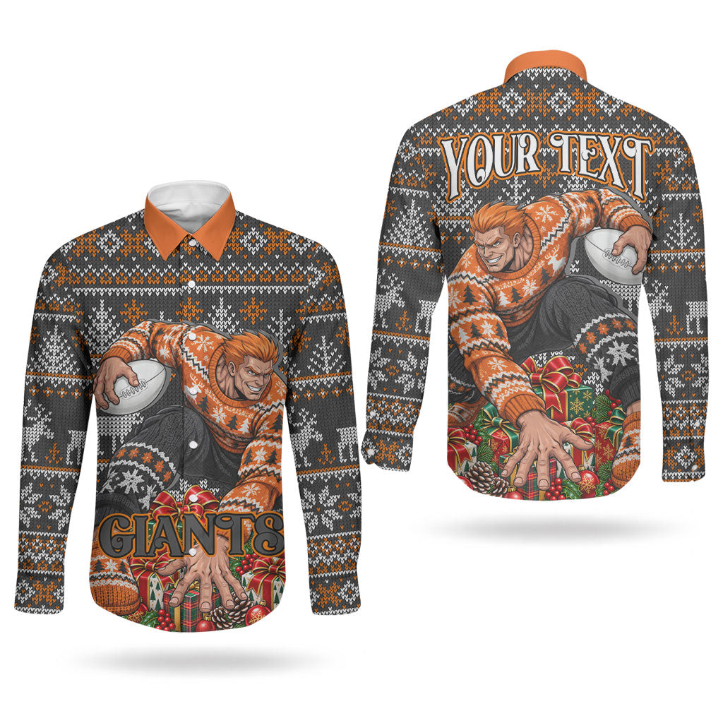 Personalized Giants Football Christmas Couples Matching Mermaid Dress and Long Sleeve Button Shirt Australian Football Mascot - Ugly Xmas Pattern Festive