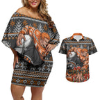 Personalized Giants Football Christmas Couples Matching Off Shoulder Short Dress and Hawaiian Shirt Australian Football Mascot - Ugly Xmas Pattern Festive