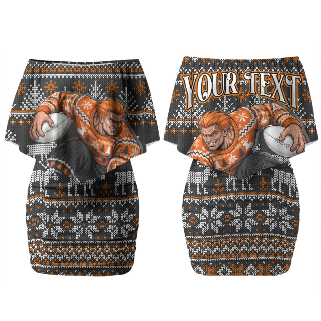 Personalized Giants Football Christmas Couples Matching Off Shoulder Short Dress and Hawaiian Shirt Australian Football Mascot - Ugly Xmas Pattern Festive