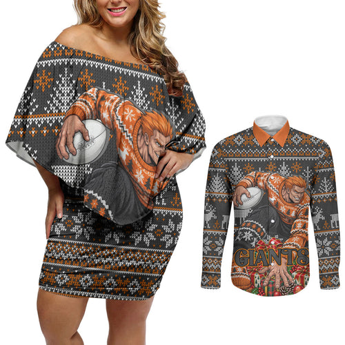 Personalized Giants Football Christmas Couples Matching Off Shoulder Short Dress and Long Sleeve Button Shirt Australian Football Mascot - Ugly Xmas Pattern Festive