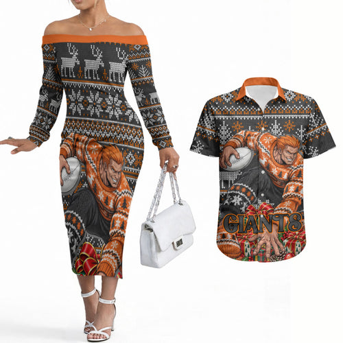 Personalized Giants Football Christmas Couples Matching Off The Shoulder Long Sleeve Dress and Hawaiian Shirt Australian Football Mascot - Ugly Xmas Pattern Festive