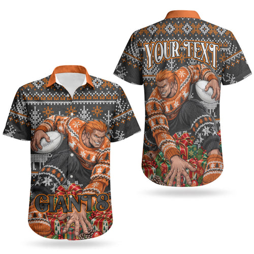 Personalized Giants Football Christmas Couples Matching Off The Shoulder Long Sleeve Dress and Hawaiian Shirt Australian Football Mascot - Ugly Xmas Pattern Festive