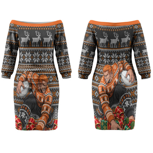 Personalized Giants Football Christmas Couples Matching Off The Shoulder Long Sleeve Dress and Hawaiian Shirt Australian Football Mascot - Ugly Xmas Pattern Festive
