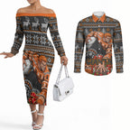 Personalized Giants Football Christmas Couples Matching Off The Shoulder Long Sleeve Dress and Long Sleeve Button Shirt Australian Football Mascot - Ugly Xmas Pattern Festive