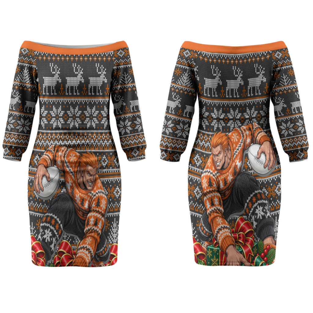 Personalized Giants Football Christmas Couples Matching Off The Shoulder Long Sleeve Dress and Long Sleeve Button Shirt Australian Football Mascot - Ugly Xmas Pattern Festive