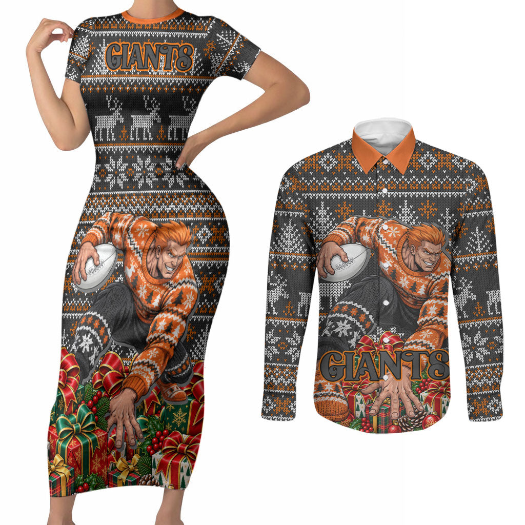 Personalized Giants Football Christmas Couples Matching Short Sleeve Bodycon Dress and Long Sleeve Button Shirt Australian Football Mascot - Ugly Xmas Pattern Festive