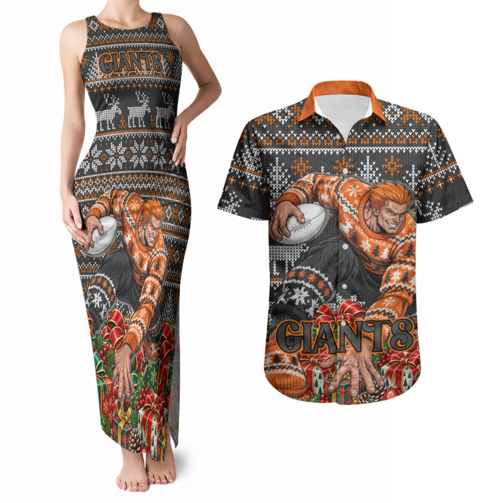 Personalized Giants Football Christmas Couples Matching Tank Maxi Dress and Hawaiian Shirt Australian Football Mascot - Ugly Xmas Pattern Festive