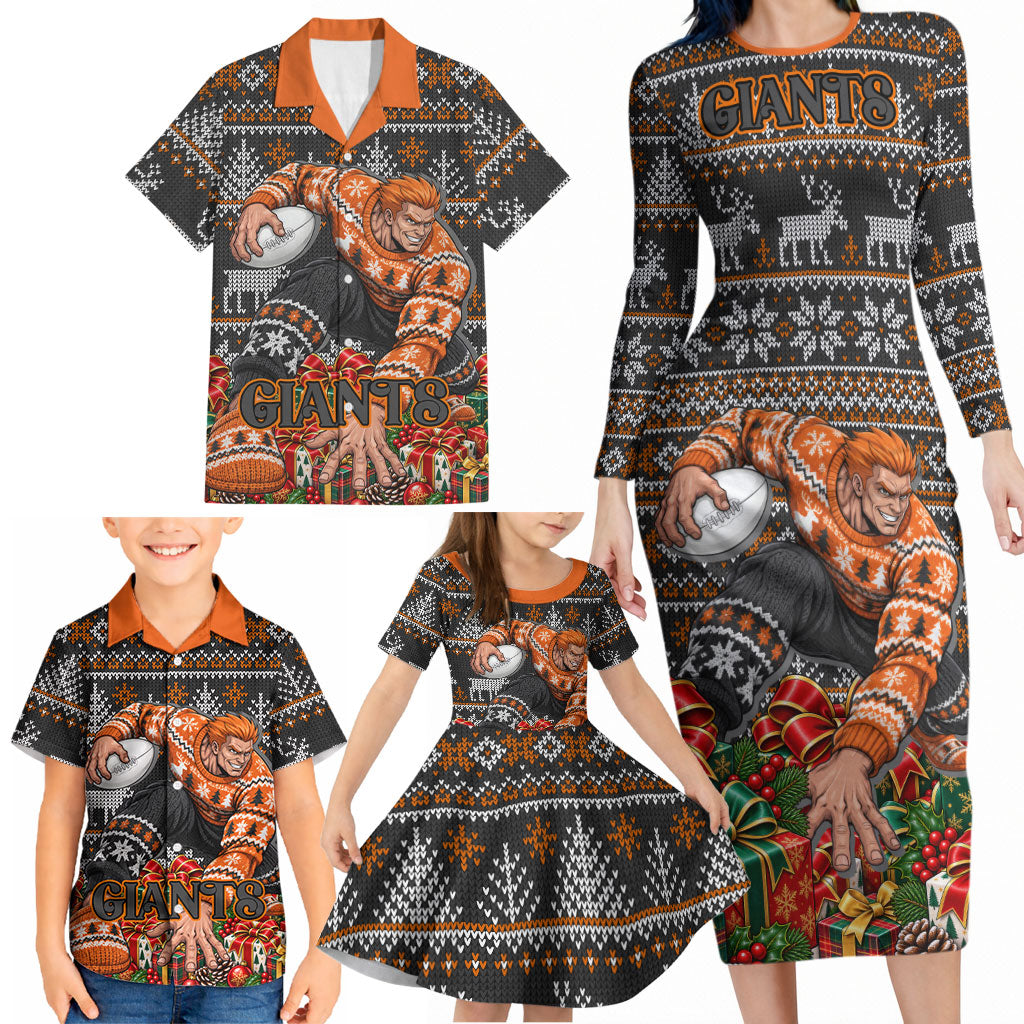 Personalized Giants Football Christmas Family Matching Long Sleeve Bodycon Dress and Hawaiian Shirt Australian Football Mascot - Ugly Xmas Pattern Festive