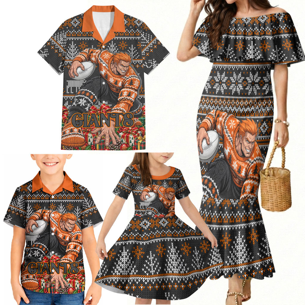 Personalized Giants Football Christmas Family Matching Mermaid Dress and Hawaiian Shirt Australian Football Mascot - Ugly Xmas Pattern Festive