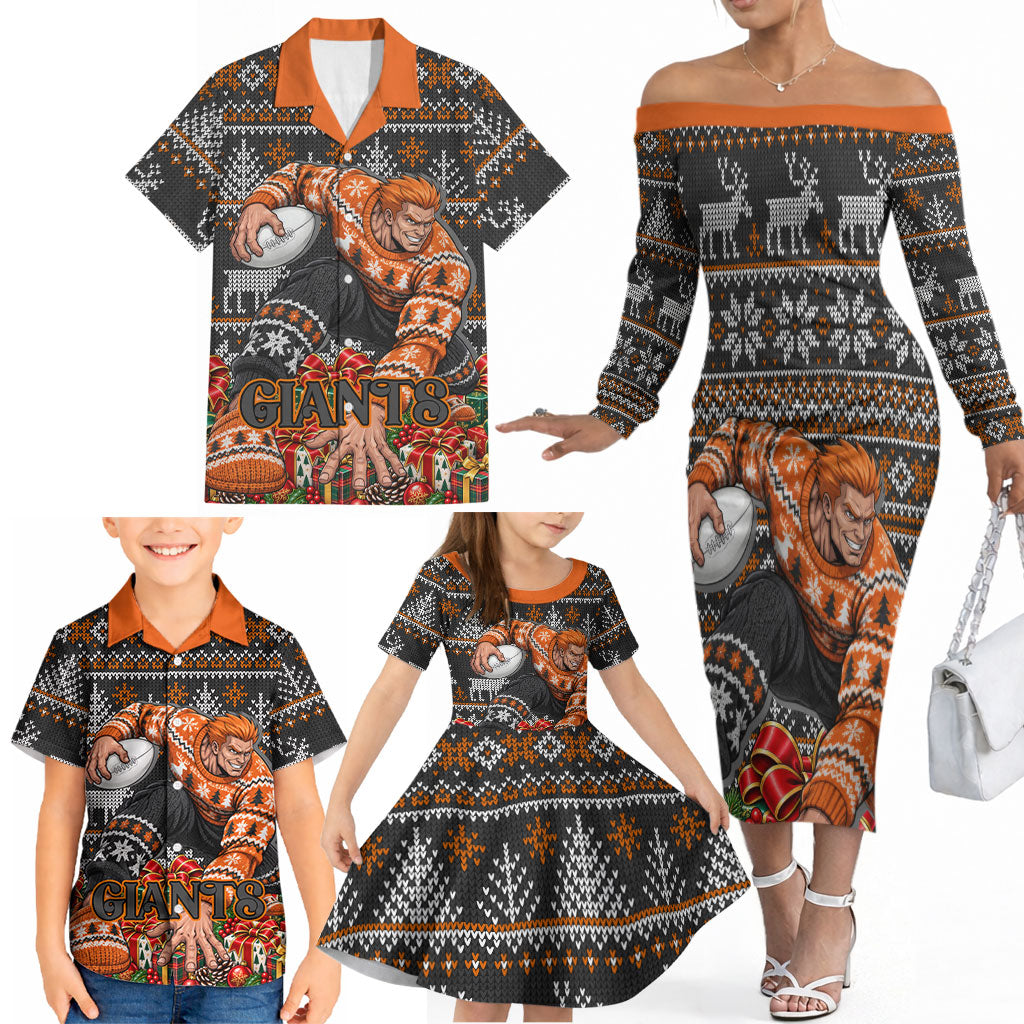 Personalized Giants Football Christmas Family Matching Off The Shoulder Long Sleeve Dress and Hawaiian Shirt Australian Football Mascot - Ugly Xmas Pattern Festive
