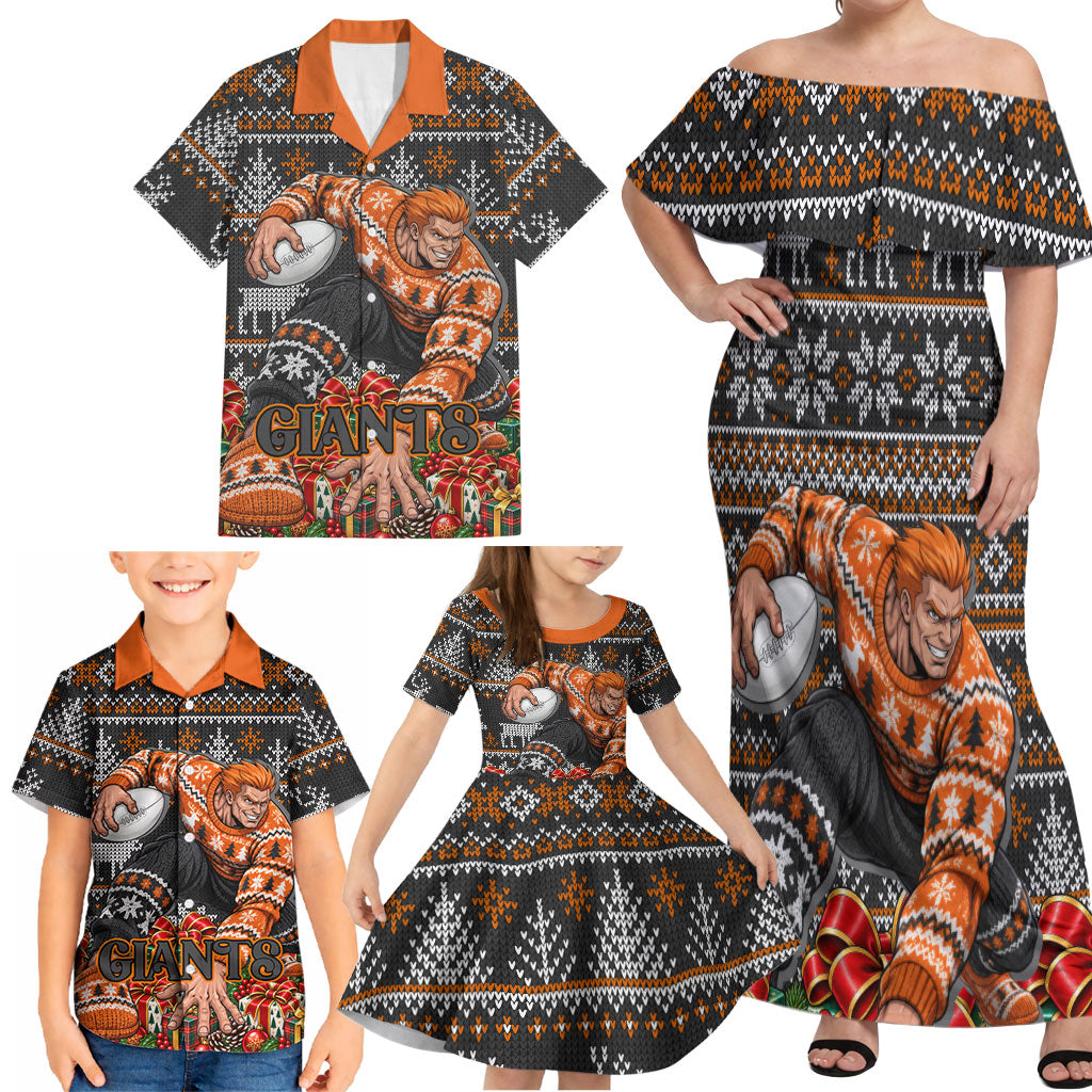 Personalized Giants Football Christmas Family Matching Off Shoulder Maxi Dress and Hawaiian Shirt Australian Football Mascot - Ugly Xmas Pattern Festive